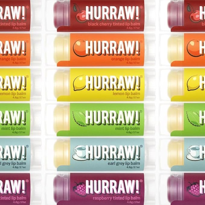 Hurraw! Lip Balms Staff Favorites, 6 Balm Bundle Pack: Black Cherry Tinted (Sheer Red Tint), Orange, Lemon, Mint, Earl Grey, Raspberry Tinted (Sheer Berry Tint). Organic, vegan & raw ingredients.-GlimoraGlow