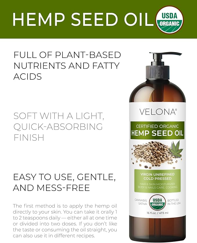 velona Hemp Seed Oil USDA Certified Organic - 16 Fl Oz | 100% Pure and Natural Carrier Oil | Unrefined, Cold Pressed | Hair, Body, Face & Skin Care-GlimoraGlow