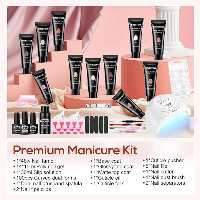 JEWHITENY Poly Extension Gel Kit With 48W LED Nail Lamp 14 Colors Builder Extension Gel All-in-One French Kit Nail Art Design Beginner Kit-GlimoraGlow