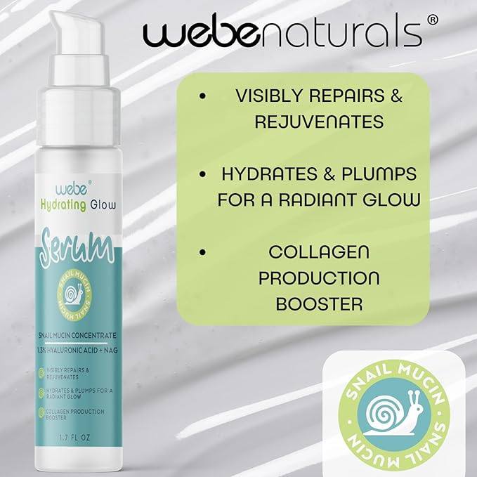WEBE Naturals Snail Mucin 94% Hydrating Glow Serum | 1.3% Hyaluronic Acid & N-Acetyl Glucosamine | Collagen Boosting, Plumping, Anti Aging, Intense Moisturizing Serum for Radiant, Dewy Skin-GlimoraGlow