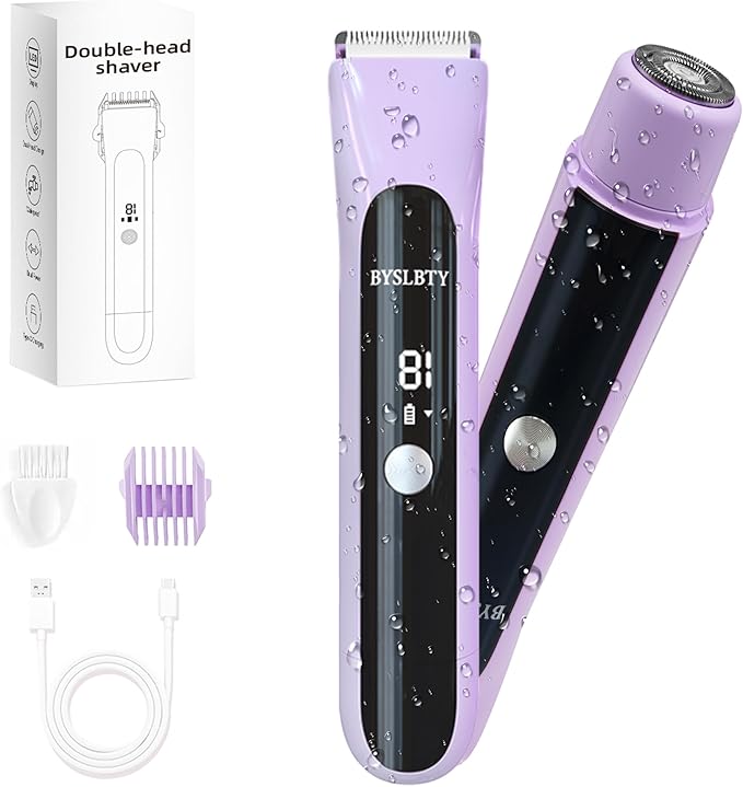 2 in 1 Bikini Trimmer for Women Dual Head Electric Shaver with LED Display,IPX7 Waterproof Wet & Dry, Painless Shaver for Underarm Leg Arm Body Face Private Area Purple-GlimoraGlow