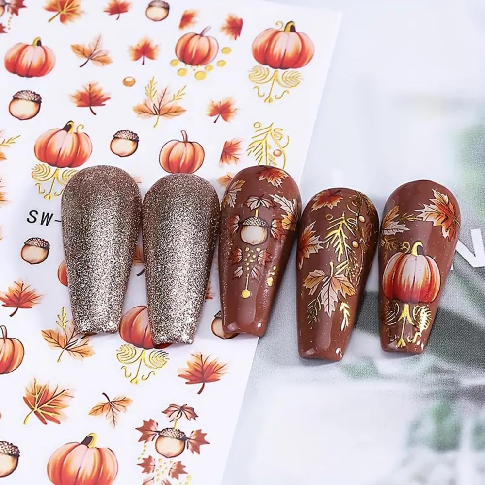 2 Sheets Fall Nail Stickers Autumn Maple Leaf Nail Art Stickers 3D Self Adhesive Maple Leaves Nails Decals for Nails Art Thanksgiving Day Nail Decoration Pumpkin Cute Manicure Supplies for Women-GlimoraGlow