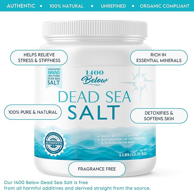 1400 Below 5 Lbs Jar Dead Sea Salt, Fine Grain - Foot and Spa Bath Soak, Exfoliating Body Scrub, 100% Pure and Mineral-Rich, Highest Mineral Content – Natural Muscle Tension Relief-GlimoraGlow