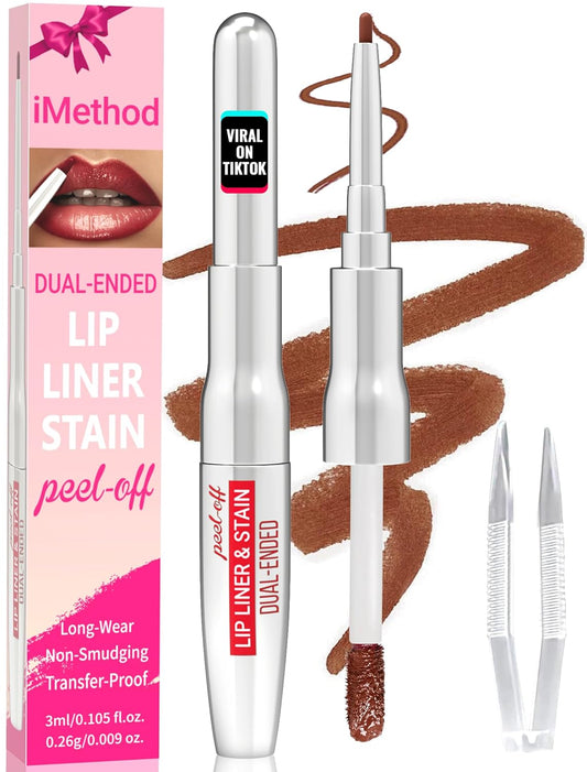 iMethod Lip Liner Stain - Lip Stain, 2-In-1 Dual-Ended Peel Off Lip Stain with Tweezer, Natural Long Lasting Peel Off Lip Liner, Easy to Use for All Skin Types, Stay All Day, Coffee-GlimoraGlow