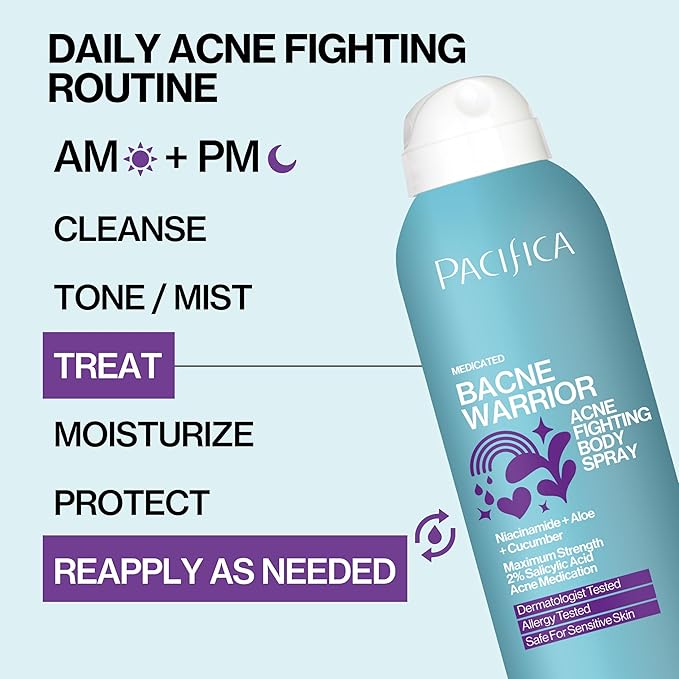 Pacifica Bacne Acne Cleanser Spray - Bacne Warrior - Body Spray for Acne Treatment - w/ 2% Salicylic Acid Niacinamide & Aloe - for Body, Chest & Back Acne for Teens & Adults Vegan Dermatologist Tested-GlimoraGlow