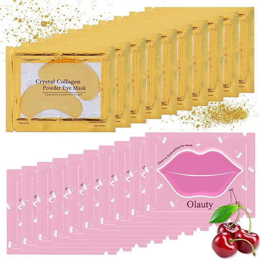 20 Pieces Lip Masks&24K Gold Gel Eye Masks,Crystal Collagen Under Eye Masks,Moisturizing Cherry Lip Patches Skin Care,Reducing Fine Lines & Dark Circle for Puffy Eyes,Birthday for Women-GlimoraGlow
