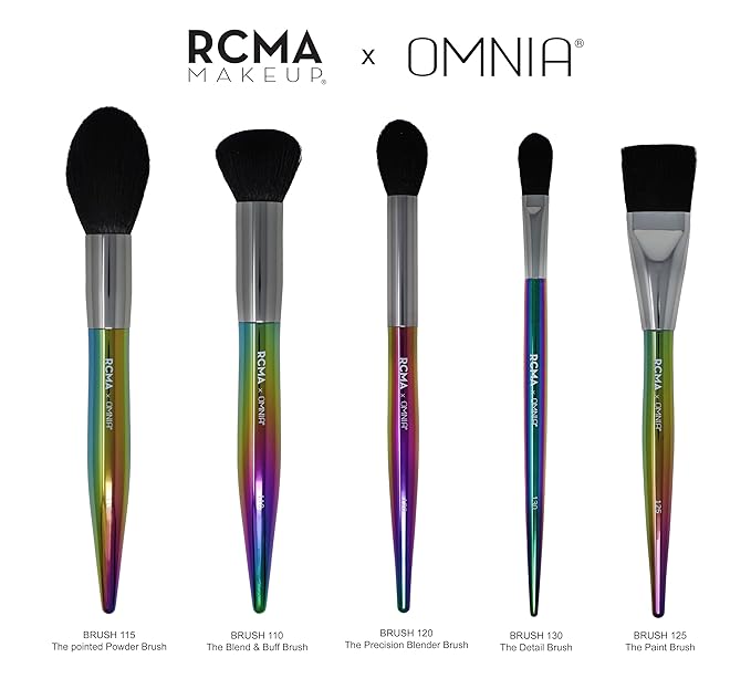 RCMA Makeup x Omnia Professional Makeup Brush 5pc Set, Premium Synthetic Fiber, Iridescent Acrylic Handle, Face Powders, Complexion and Foundation Blending Application Brush set.-GlimoraGlow