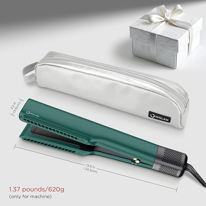 IG INGLAM Air Straightener, Style From Wet Hair, 2.2" Dryer Straightener, 200M Negative Ionic, One-Step Air Straight for Medium and Long Hair (14"-30"), Dark Green-GlimoraGlow