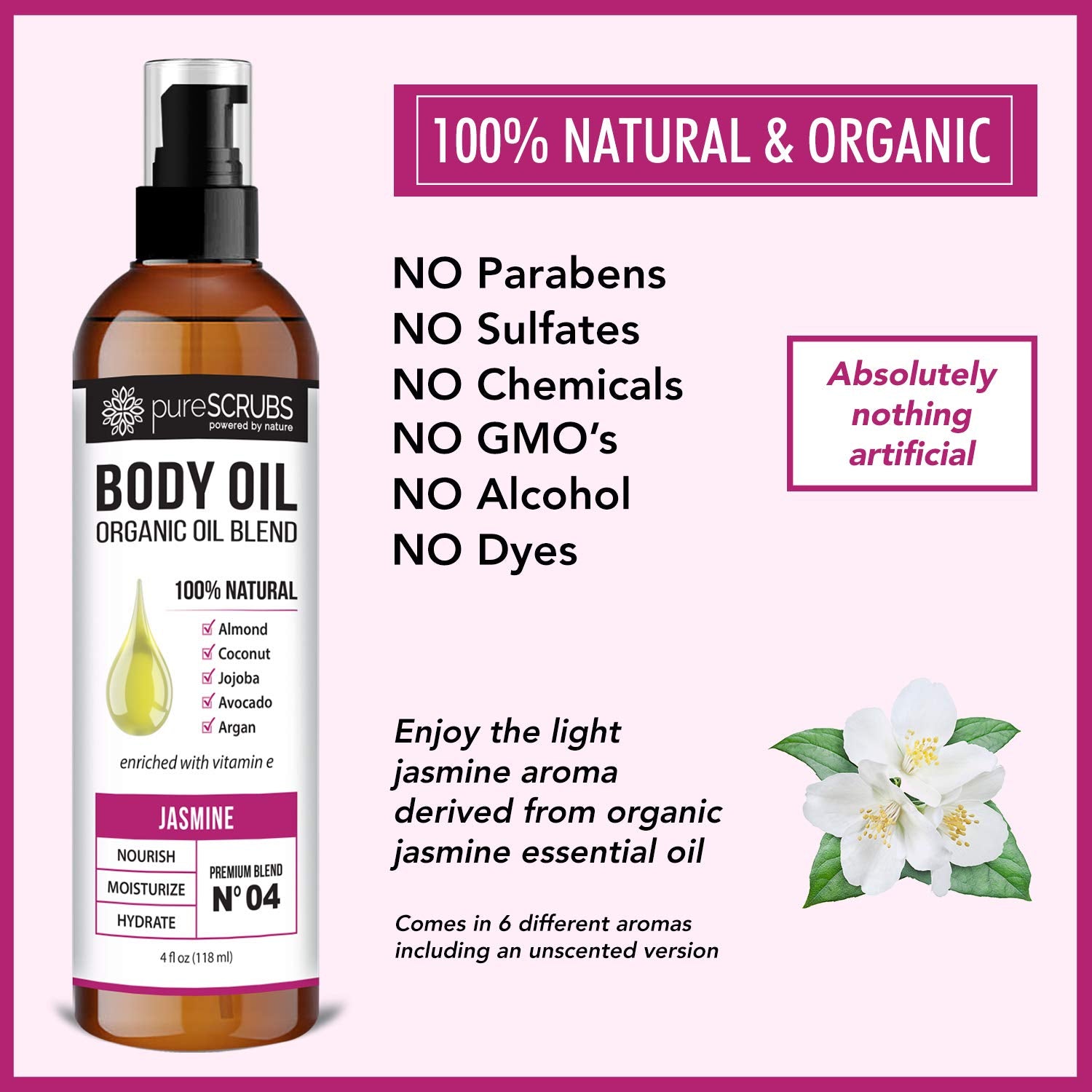 pureSCRUBS Ultra Moisturizing Jasmine Body Oil Spray for Dry Skin, Massage, Cuticles & More - Organic Super Blend of Jojoba, Argan, Coconut, Sweet Almond & Avocado Enriched with Vitamin E, Lg 4oz-GlimoraGlow