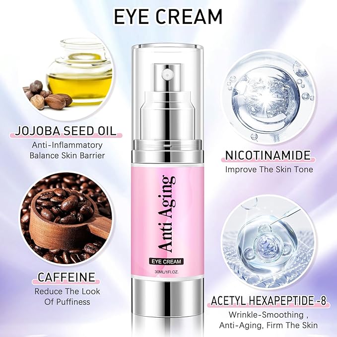 5% Caffeine Eye Cream Eye Serum Kit for Dark Circles Under Eye Treatment For Puffiness Bags And Wrinkles Eye Cream Anti Aging Eye Serum & Eye Roller 2 Fl Oz-GlimoraGlow