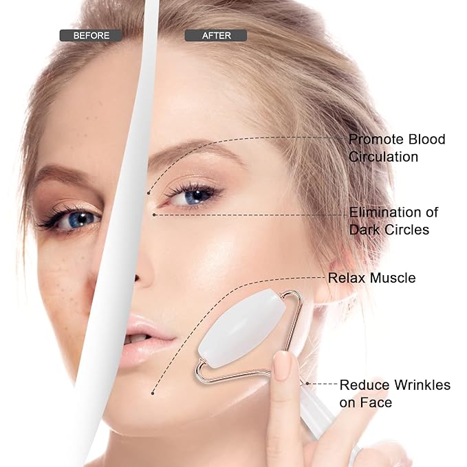 Jade Roller for Face, Facial Roller Massager Skin Care Tool, Gua Sha Facial Tools for Face, Neck, Eyes, Reduce Puffiness of The Skin - White-GlimoraGlow