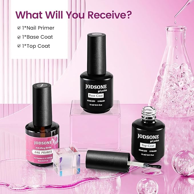 JODSONE 3 PCS Nail Primer Base Coat Top Coat with a capacity of 15ml Quick Curing Long Lasting-GlimoraGlow
