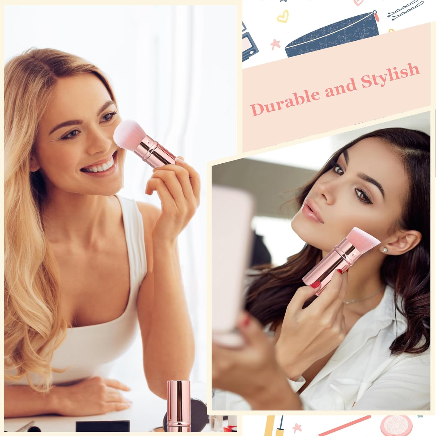 Retractable Makeup Brush 2 Pack, Travel Kabuki Powder Makeup Brush, Foundation Face Blush Brushes for Blending Liquid, Blush, Bronzer, Buffing, Sunscreen,Flawless Cosmetics-GlimoraGlow