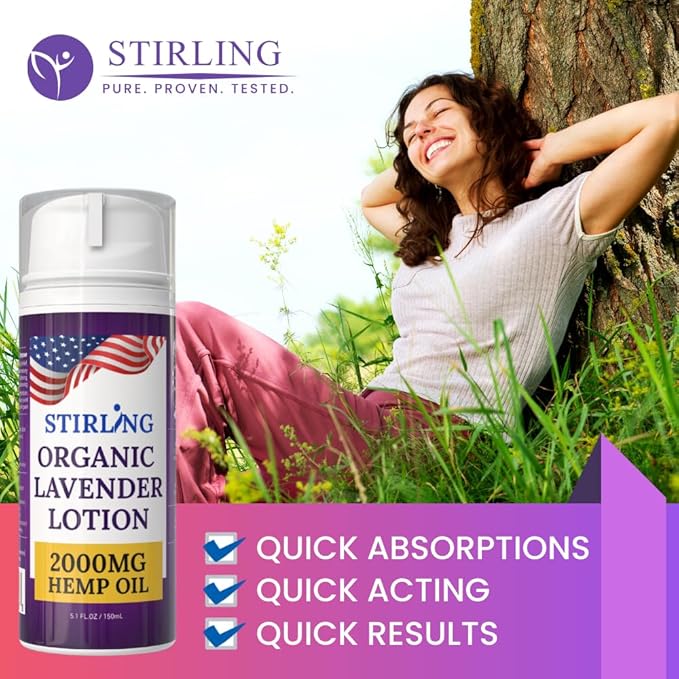 STIRLING Lavender Lotion – Organic Lavender with 2000mg Hemp Oil, Aloe Vera, and Vitamin E – Nourishing and Moisturizing Body Lotion for a Soft and Smooth Feel-GlimoraGlow
