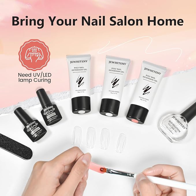 JEWHITENY Poly Nail Gel Set Clear Pink White Poly Extension Gel With Base Coat Top Coat Slip Solution French Manicure Need U V Lamp Curing for Finger Art and Home DIY-GlimoraGlow
