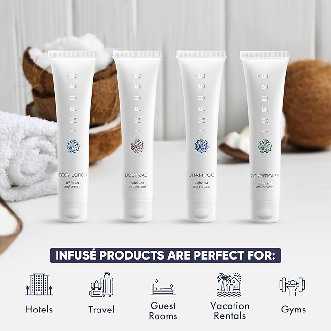 Infuse White Tea & Coconut Hotel Toiletries Bulk Set | 1-Shoppe Amenities Kit | 1oz Shampoo & Conditioner, Body Wash, Lotion | Travel Size | 80 Pieces-GlimoraGlow