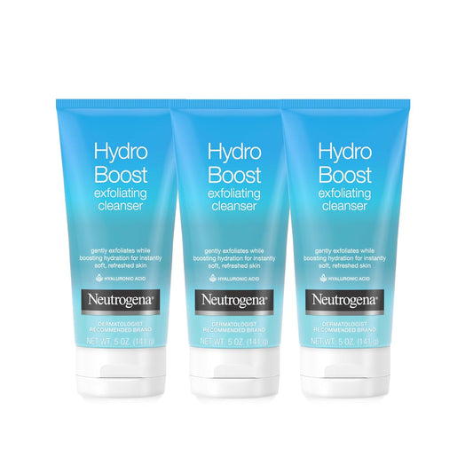 Neutrogena Hydro Boost Gentle Exfoliating Daily Facial Cleanser with Hyaluronic Acid, Clinically Proven to Increase Skin's Hydration Level, Non-Comedogenic Oil-, Soap- & Paraben-Free, 5 Oz, 3 Pack-GlimoraGlow