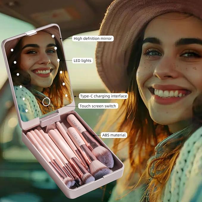 BS-MALL Makeup Brushes Foundation Powder Concealers Eye Shadows Makeup Set with LED light Mirror 14 Pcs Mini Makeup Brushes (APINK)-GlimoraGlow