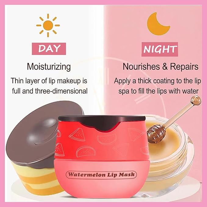 1 PCS Bee Lip Balm Lip Mask Honey Pot, Watermelon Moisturizing Sleeping Lip Mask Overnight with Sticks, Lip Balm Honey Pot Lip Balm Hydrating Prevention Dry and Crack Lip Scrubs Exfoliator-GlimoraGlow