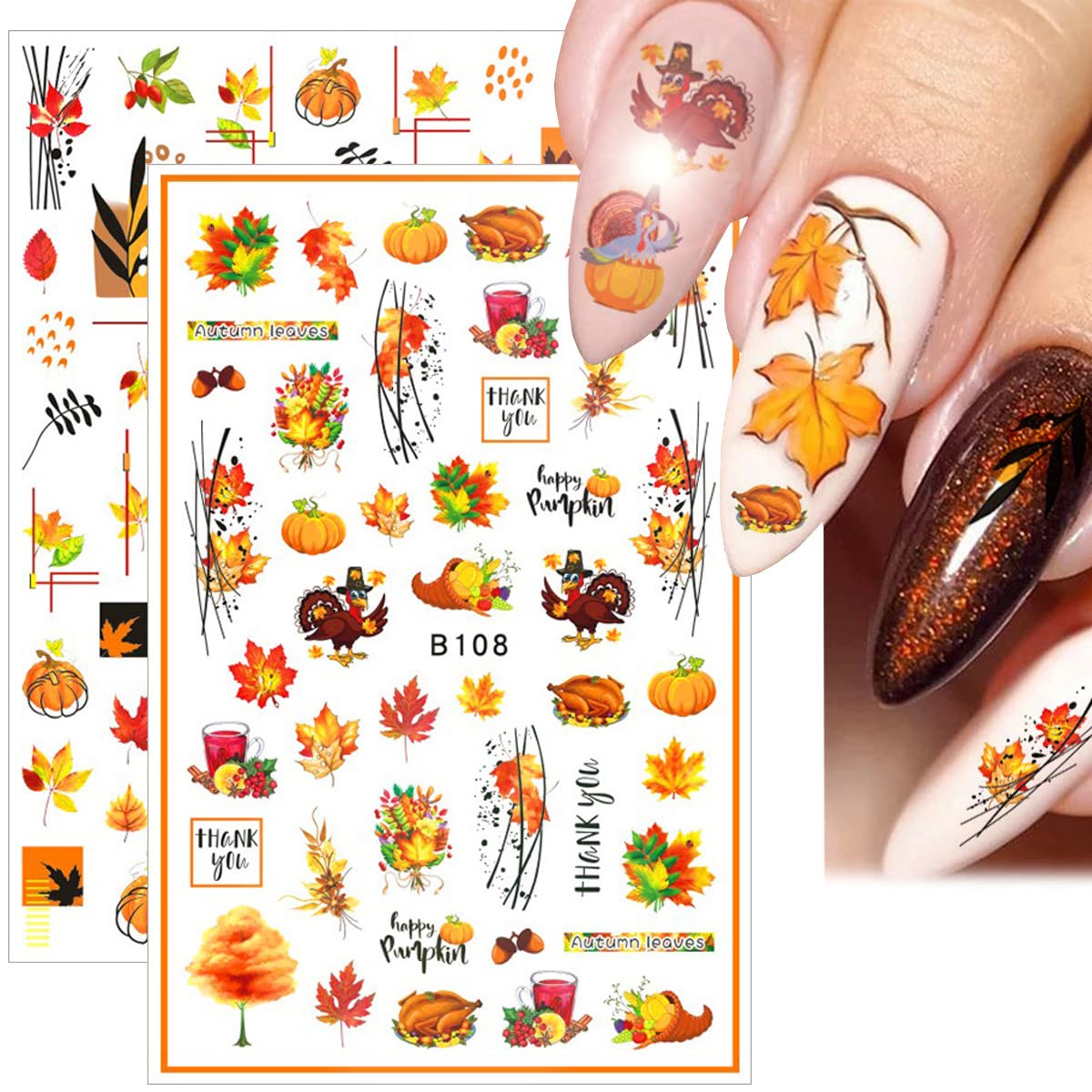 12 Sheets Fall Nail Art Stickers 3D Autumn Leaves Nail Decals Self-Adhesive Thanksgiving Nail Art Accessories Foils Maple Leaf Pumpkin Turkey Nail Designs for Women Girls DIY Manicure Decoration-GlimoraGlow