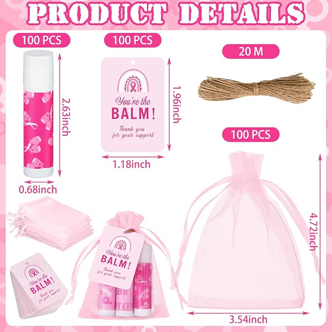 100 Set Pink Ribbon Breast Cancer Awareness Gifts Bulk, 100 Lip Balms, 100 Organza Gift Bags and 100 Tags Perfect for Charity Events, Survivors Awareness Campaigns-GlimoraGlow
