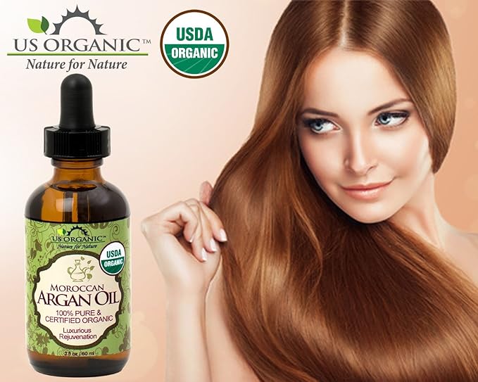 US Organic Moroccan Argan Oil, USDA Certified Organic,100% Pure & Natural, Cold Pressed Virgin, Unrefined, 2 Oz in Amber Glass Bottle, for Hair treatment, Skin, Nail, Cuticle, Sourced from Morocco.-GlimoraGlow