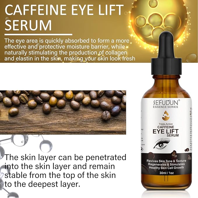 Caffeine Eye Serum, Eye Lift Serum with Vitamin C, Hyaluronic Acid, Collagen - Reduces Puffiness, Dark Circles, Under Eye Bags 1 oz / 30 ml-GlimoraGlow