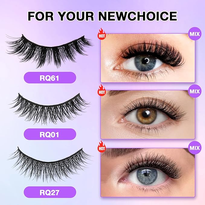 Wispy False Eyelashes Kit With Bond, Seal and Tweezer, 7 Pairs Natural Look Fake Cat Eye Lashes Strips Thin Band Extensions Waterproof Easy Eyelashes for Beginners RQ7Variety Mix-GlimoraGlow