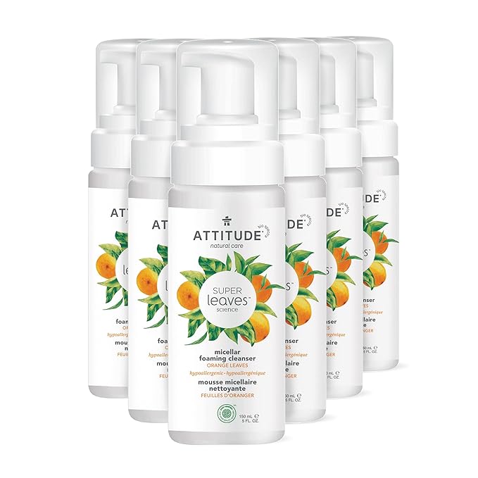 ATTITUDE Micellar Foaming Facial Cleanser, EWG Verified, Dermatologically Tested, Plant and Mineral-Based, Vegan, Orange Blossom & Eucalyptus Scent, 5 Fl Oz (Pack of 6)-GlimoraGlow