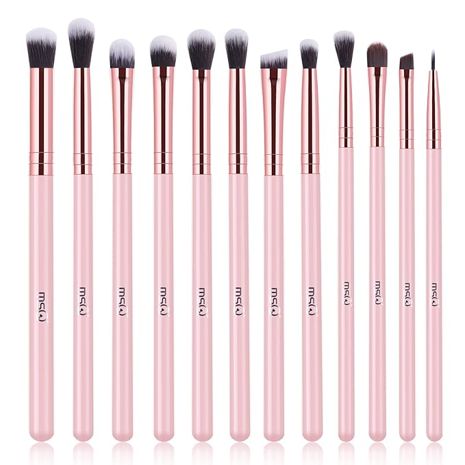 MSQ Eye Makeup Brushes Set with Soft Synthetic Hairs & Real Wood Handle for Eyeshadow, Eyebrow, Eyeliner, Blending (Pink), 12pcs-GlimoraGlow