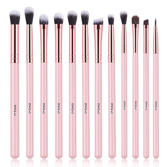 MSQ Eye Makeup Brushes Set with Soft Synthetic Hairs & Real Wood Handle for Eyeshadow, Eyebrow, Eyeliner, Blending (Pink), 12pcs-GlimoraGlow
