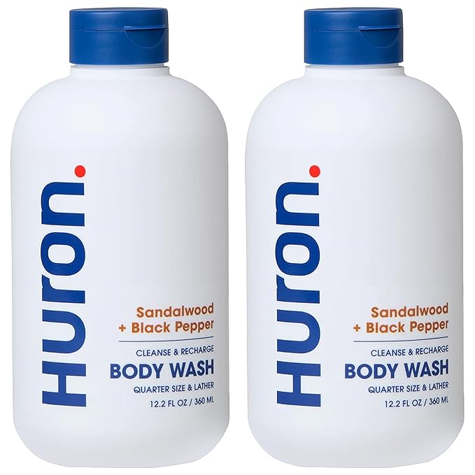 Huron Men’s Moisturizing Body Wash - Clean & Woody Scent of Sandalwood, Black Pepper, Cedarwood, & Amber - Made With Coconut Oil, Vitamin E & Witch Hazel - Vegan, Cruelty-Free - 12.2 fl oz (2 Pack)-GlimoraGlow