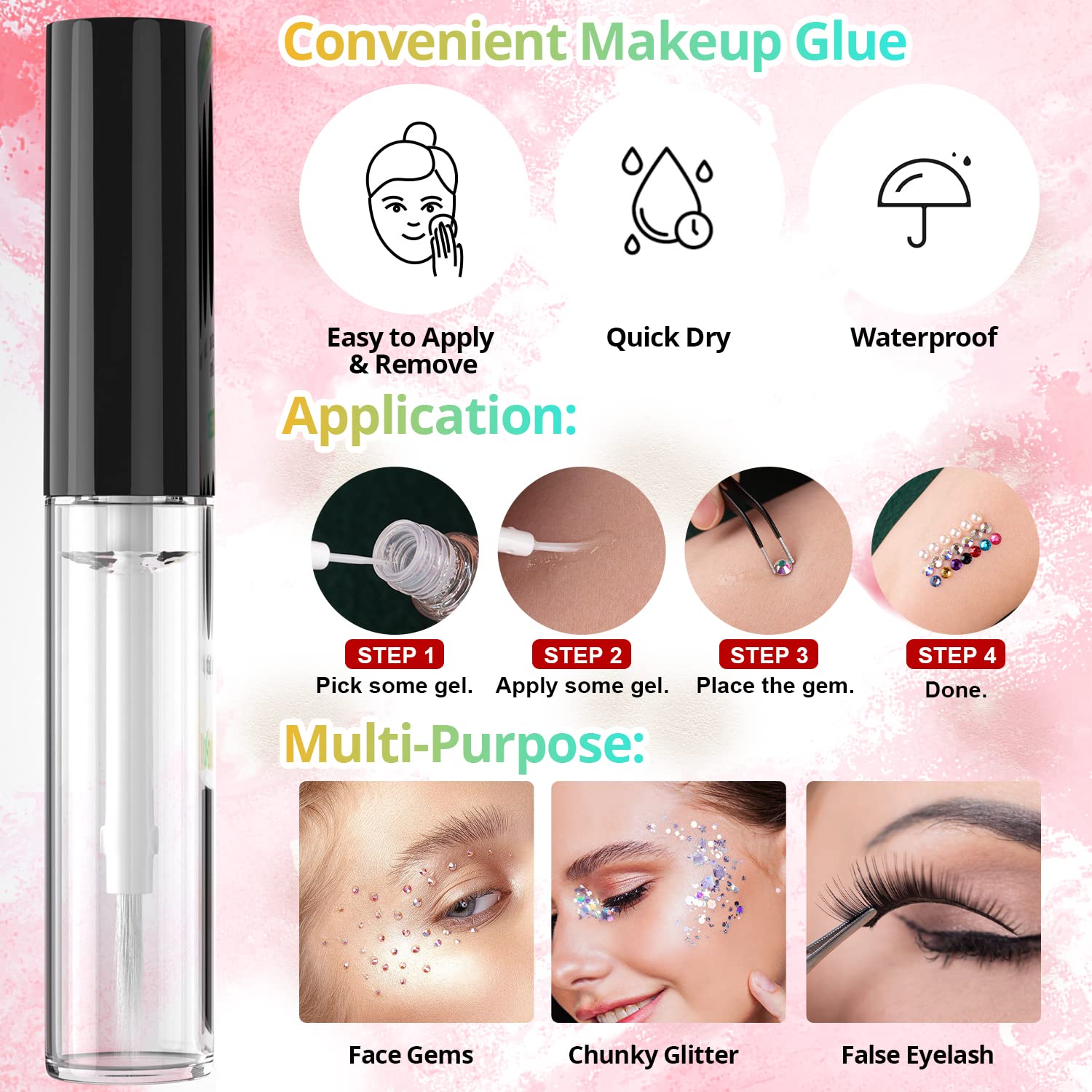 1.5-6mm Round Flatback Face Gems Kit (Clear) for Makeup with Quick Dry Glue + Brush + Tweezer, Nail Art Rhinestones Transparent White Glass Crystal Beads for Make-up Deco-GlimoraGlow