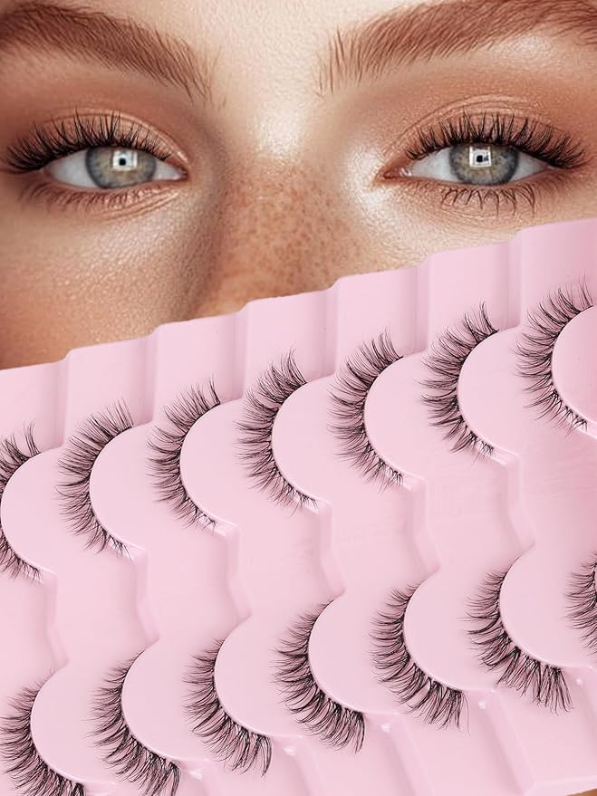 Cat Eyelashes Wispy False Eyelashes Natural 12mm Short Lashes with Thin Band Fake Eyelash 3D Volume Strip Lashes Siligli Eyelash Pack 7 Pair-GlimoraGlow