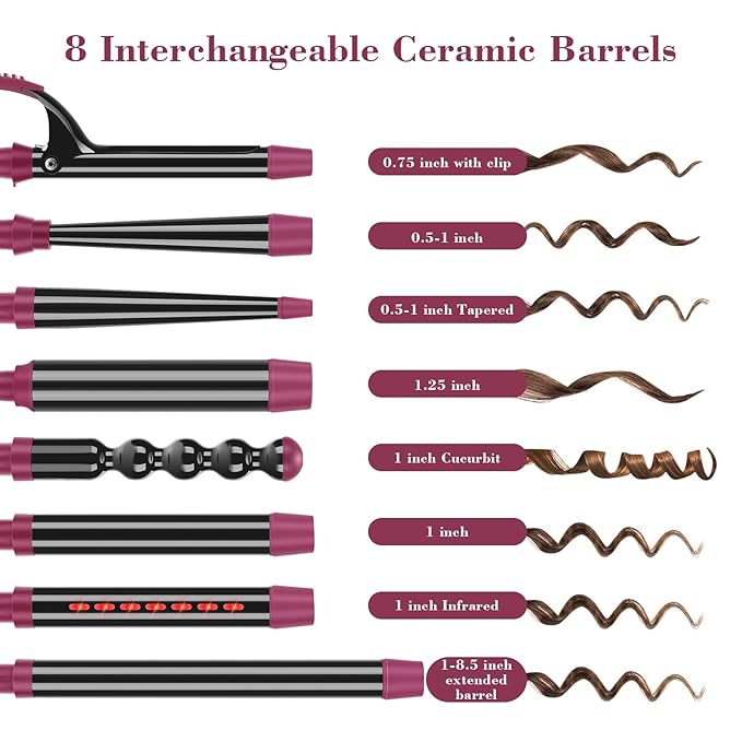 IG INGLAM Curling Iron Wand Set, 8 in-1 Interchangeable Ceramic Barrels with Infrared, Cucurbit, Tapered, Extended, 1in, 1 1/4 in, 3/4in Barrels and Clips-GlimoraGlow