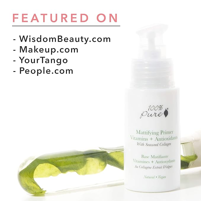 100% PURE Mattifying Face Primer Plumping Makeup Base & Moisturizer with Anti-Aging Seaweed Collagen - Long-Lasting Matte Pore Diminishing Cosmetics Prep, Flawless Smooth Skin Hydration - 1 oz-GlimoraGlow