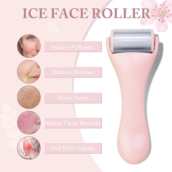 Ice Roller for Face and Eye 2 Pcs,Face Roller Skin Care for Puffiness,Migraine,Pain Relief,Eye Roller For Puffy Eyes Dark Circles,Stainless Steel Facial Roller (Pink)-GlimoraGlow