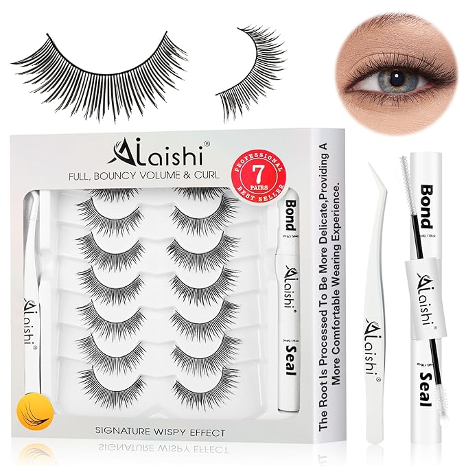 Wispy False Eyelashes Kit With Bond, Seal and Tweezer, 7 Pairs Natural Look Fake Cat Eye Lashes Strips Thin Band Extensions Waterproof Easy Eyelashes for Beginners DF2-GlimoraGlow