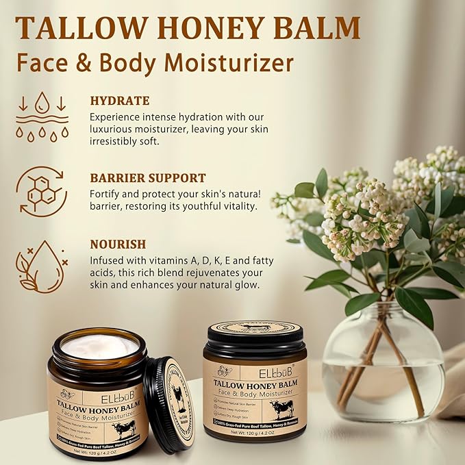 Whipped Tallow Cream for Face & Body - 100% Grass-Fed Beef Tallow, Natural Honey & Beeswax Moisturizer, Deep Hydration & Nourishment, Oil-Free & Unscented, Fast Absorbing-GlimoraGlow