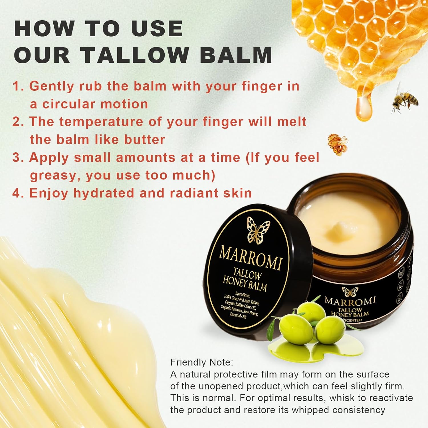 Marromi Beef Tallow for Skin, Tallow Honey Balm, Organic Grass-Fed Beef Tallow Balm with Raw Honey, Natural Soothing Moisturizing (Unscented)-GlimoraGlow