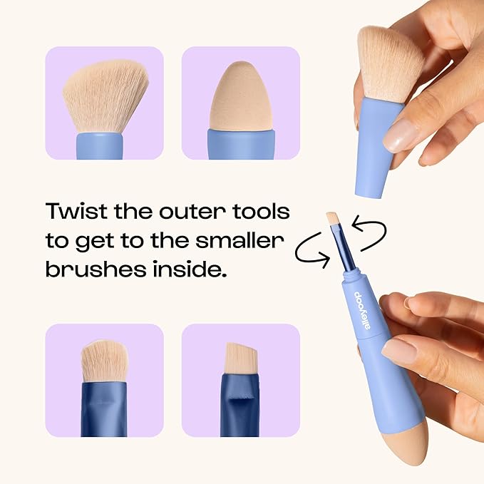 Alleyoop Multi-Tasker 4-in-1 Travel Makeup Brush Set – Compact Makeup Brushes with Blending Sponge, Eyeshadow, Eyebrow & Liner, Blush & Bronzer Brush – Mini Makeup Tools Kit for Women, Vegan-GlimoraGlow