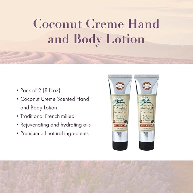 A LA MAISON Moisturizing Lotion, Coconut Creme - Uses: Hand and Body, Argan Oil, Pure Shea Butter, Essential Oils, Plant Based, Cruelty-Free, SLS and Paraben Free-GlimoraGlow