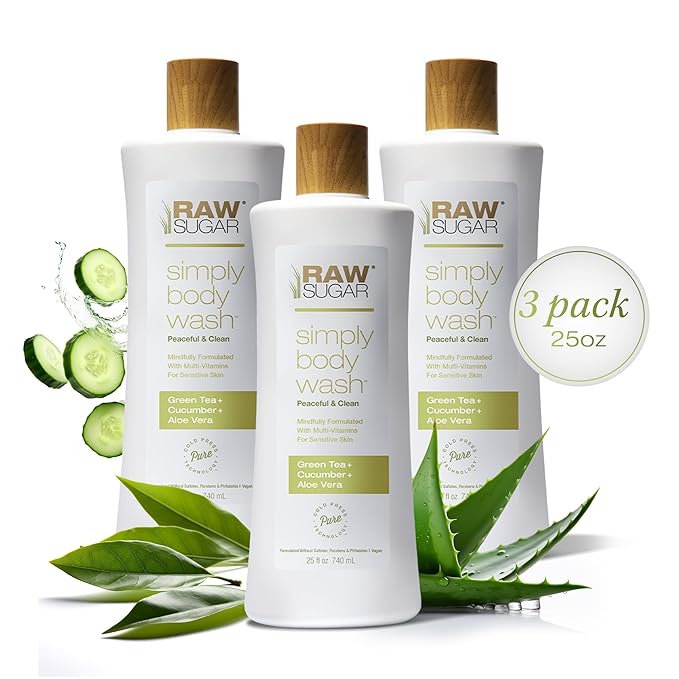 RAW SUGAR Sensitive Skin Simply Body Wash - Green Tea + Cucumber + Aloe Vera, Moisturizing & Brightening Bath & Shower Gel, Sulfate-Free, Paraben-Free & Vegan (Pack of 3)-GlimoraGlow