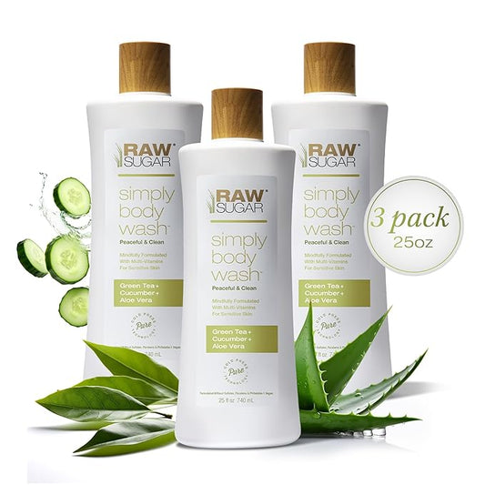 RAW SUGAR Sensitive Skin Simply Body Wash - Green Tea + Cucumber + Aloe Vera, Moisturizing & Brightening Bath & Shower Gel, Sulfate-Free, Paraben-Free & Vegan (Pack of 3)-GlimoraGlow