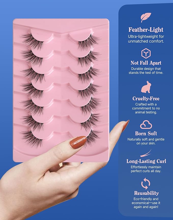 Half Lashes Natural Eyelashes 3/4 Wispy Lashes Natural Look Cat Eyelash False Corner Lash Long Strip Fluffy Pack 7 Pairs 16MM D18-GlimoraGlow