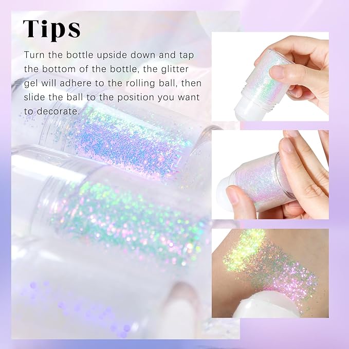 2 Colors Roll-on Body Glitter Gel, Holographic Glitter Gel Under Light for Face Hair, Body Shimmer for Rave Accessories Christmas New Year Halloween Makeup (11+13)-GlimoraGlow