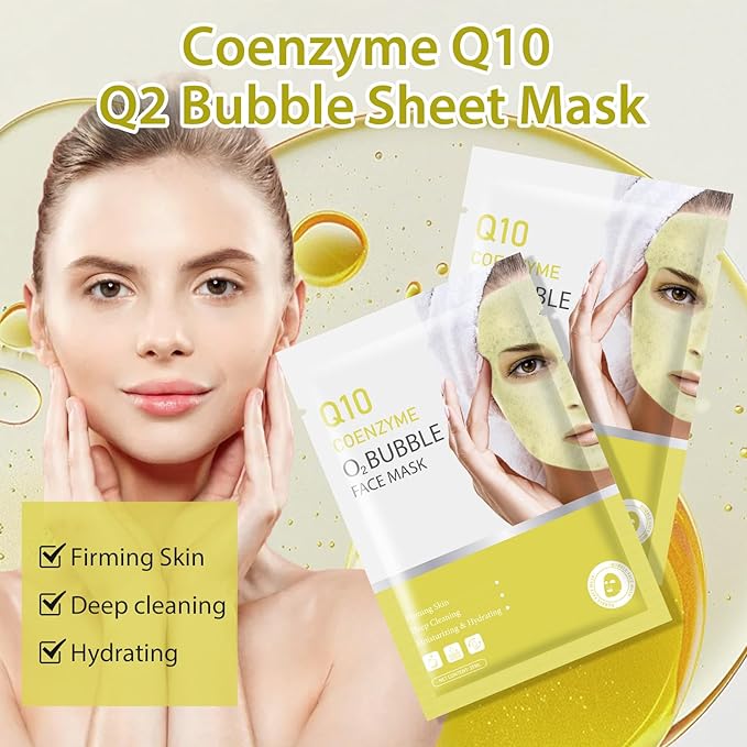 10 Sheets Coenzyme Q10 O2 Bubble Masks for Face, Bubble Face Mask Skincare for All Skin Types, Deep Cleansing Moisturizing Facial Mask Skin Care for Pores, Firming, Purifying, Sheet Masks for Spa-GlimoraGlow