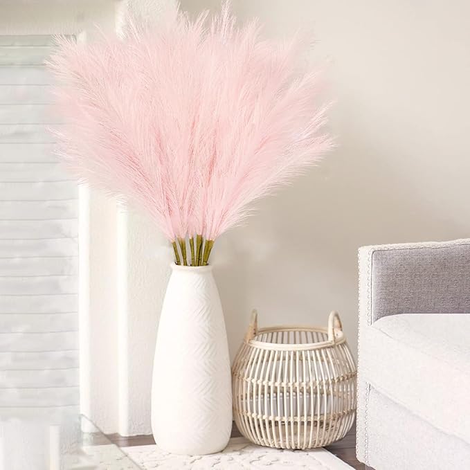 35" Pink Faux Pampas Grass Decor, 8pcs Large Tall Fluffy Artificial Pompous Grass Branches Floral Fake Pompas Grass Bulrush Floor Vase Filler Flower Arrangement for Home Wedding Boho Decor