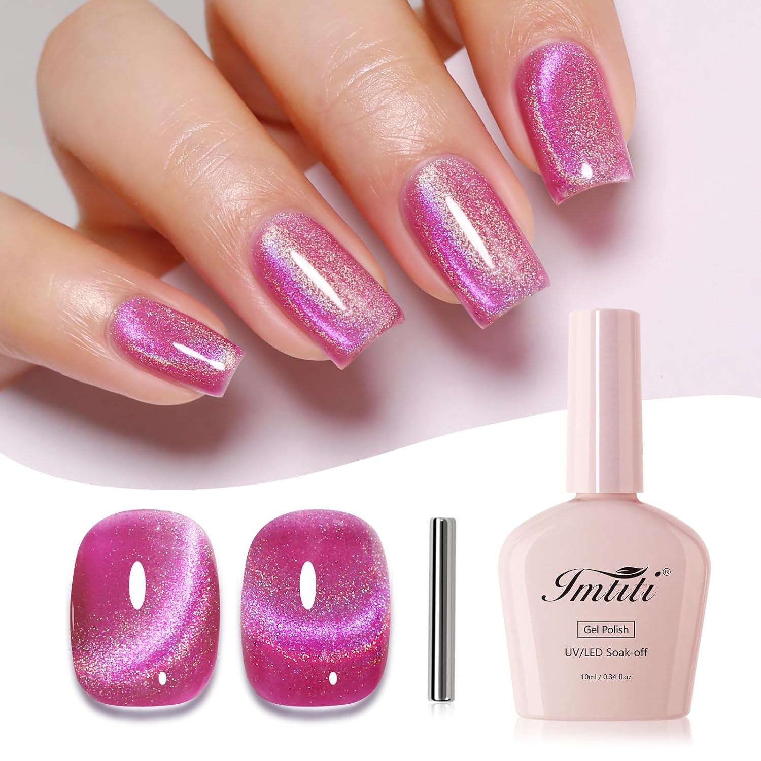 Imtiti Cat Eye Gel Nail Polish, Pink Rainbow Holographic Magnetic Gel Polish With Magnet Glittery Iridescent Galaxy Nail Gel Polish Spring Summer Gel Polish Kit Soak Off UV Led 10ML-GlimoraGlow