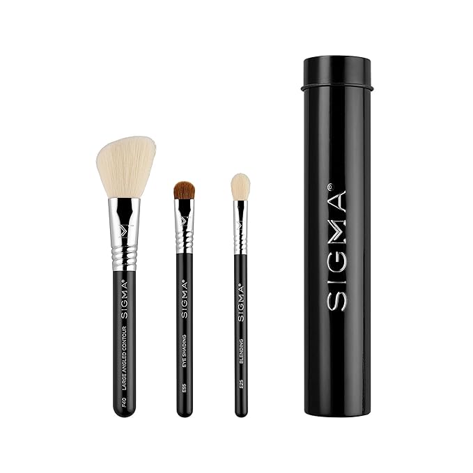 Sigma Beauty Travel Essential Trio - Makeup Brush Set for Foundation Powder Eyeshadow - 3 Tool Brushes with Brush Tin Holder - Skin Safe, Vegan Makeup Brushes for Travel - Black-GlimoraGlow